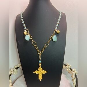 Susan Shaw Fleur Cross Stone & Pearl Necklace 38” D5